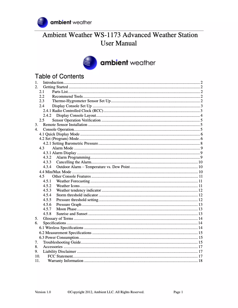 Page 1 de la notice Manuel utilisateur Ambient Weather WS-1173