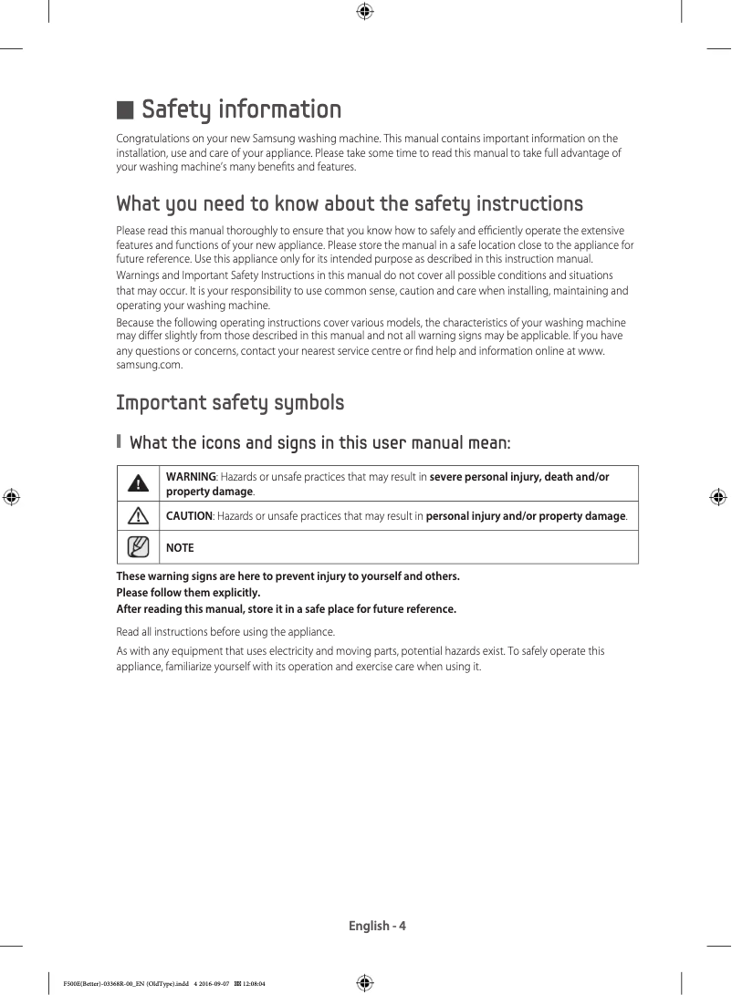 Página 1 del manual Guía de instalación Samsung WF90F5EHW2X