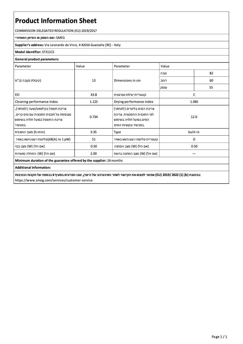 Página 1 del manual Ficha técnica Smeg ST311CS