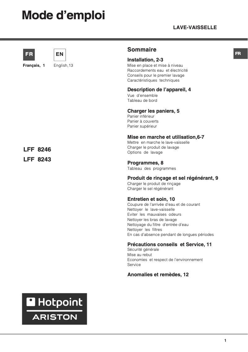Page 1 de la notice Manuel utilisateur Hotpoint Ariston LFF 8243