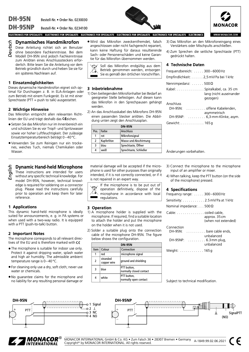 Page 1 de la notice Manuel utilisateur Monacor DH-95NP