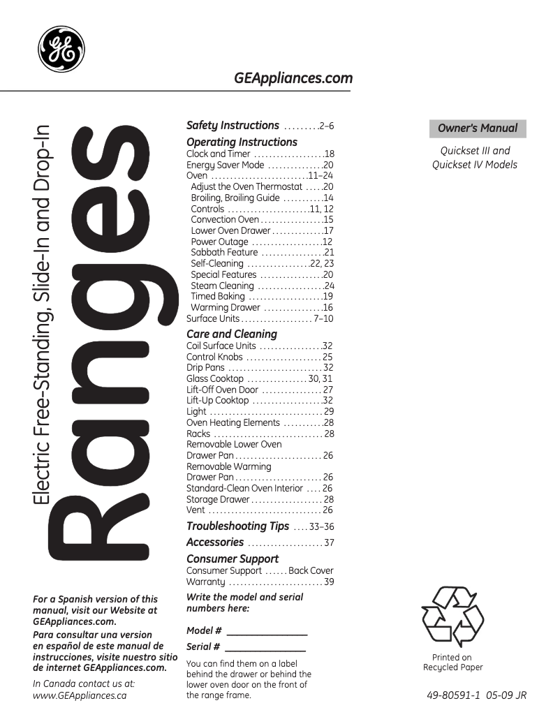 Page 1 of the manual Use and Maintenance Manual GE JBP23DNCC