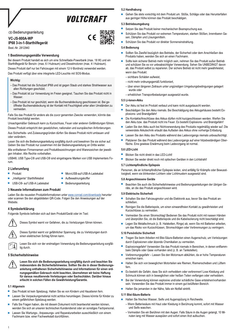 Page 1 de la notice Manuel utilisateur Voltcraft VC-JS-800A-WP