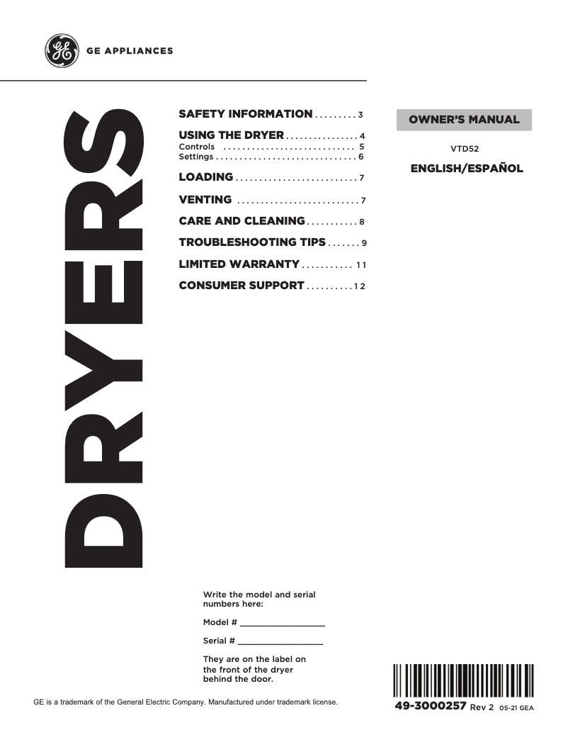 Página 1 del manual Manual de uso y mantenimiento GE VTD52EASRWB