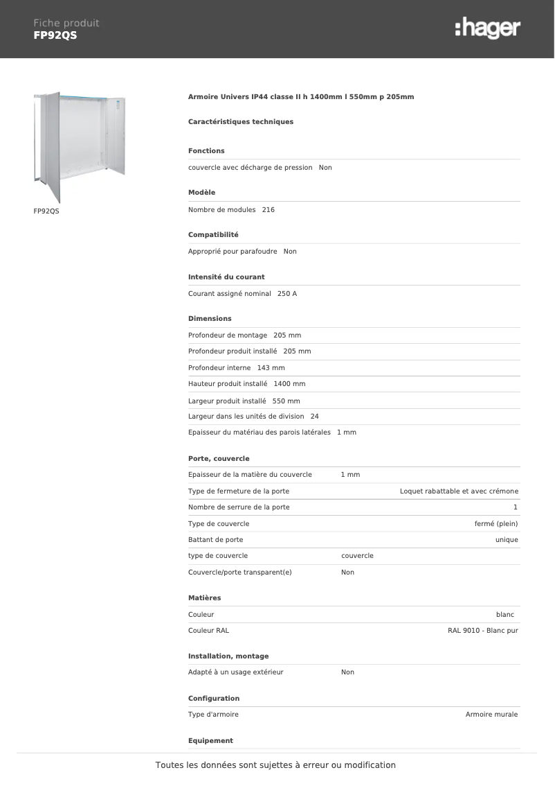 Page 1 de la notice Fiche technique Hager FP92QS