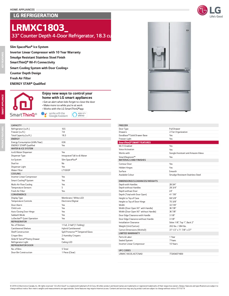 Page 1 de la notice Fiche technique LG LRMXC1803S