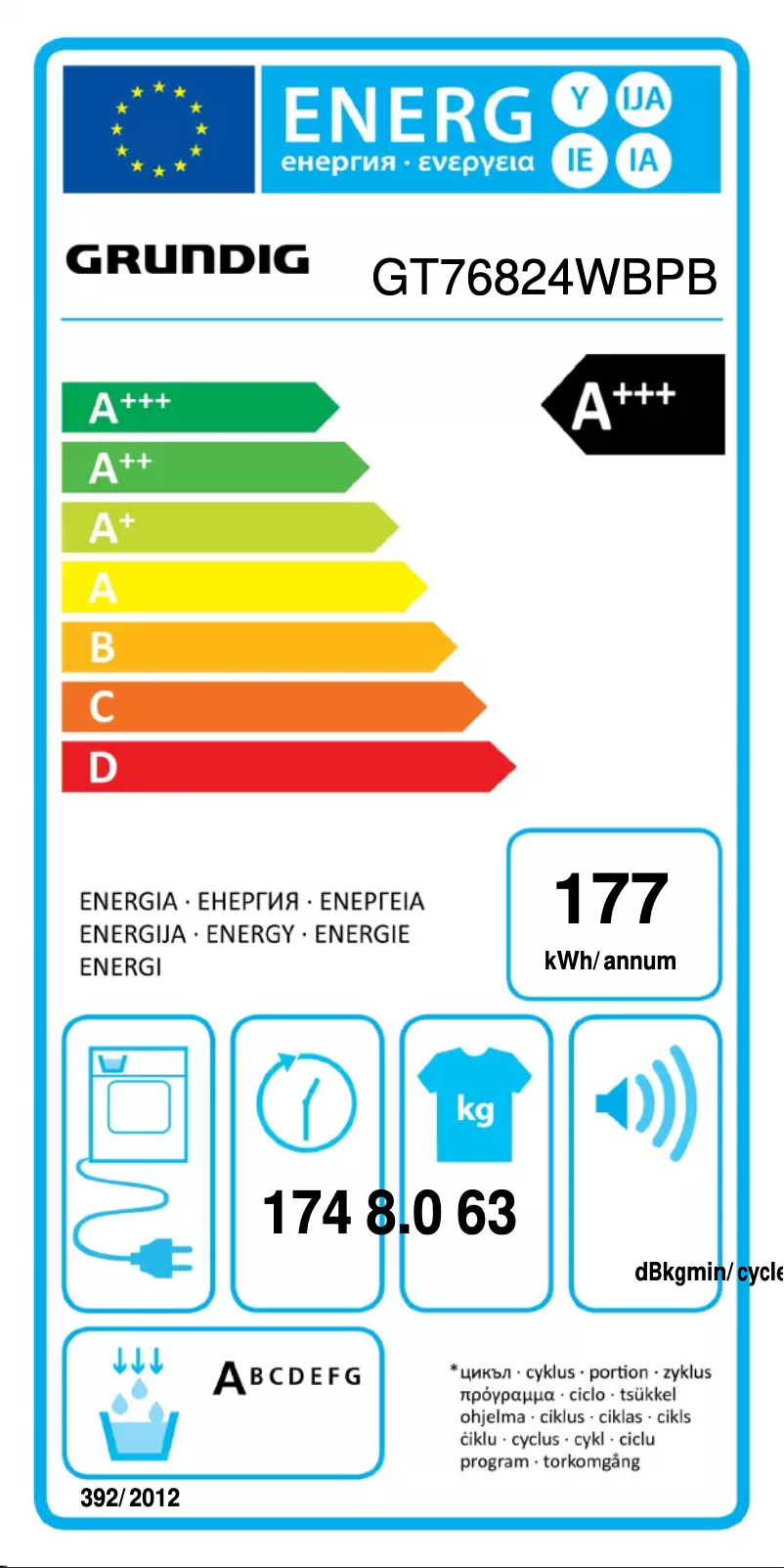 Page 1 de la notice Label énergétique Grundig GT76824WBPB