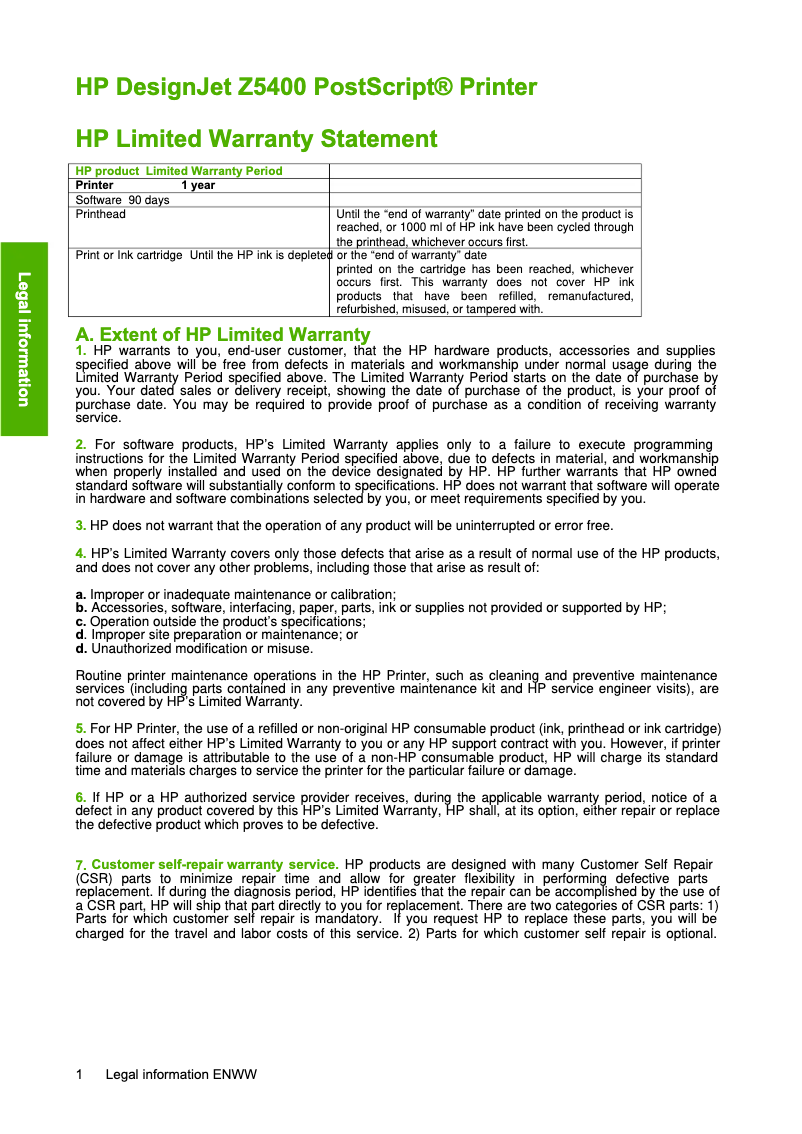 Página 1 del manual Información de garantía HP DesignJet Z5400