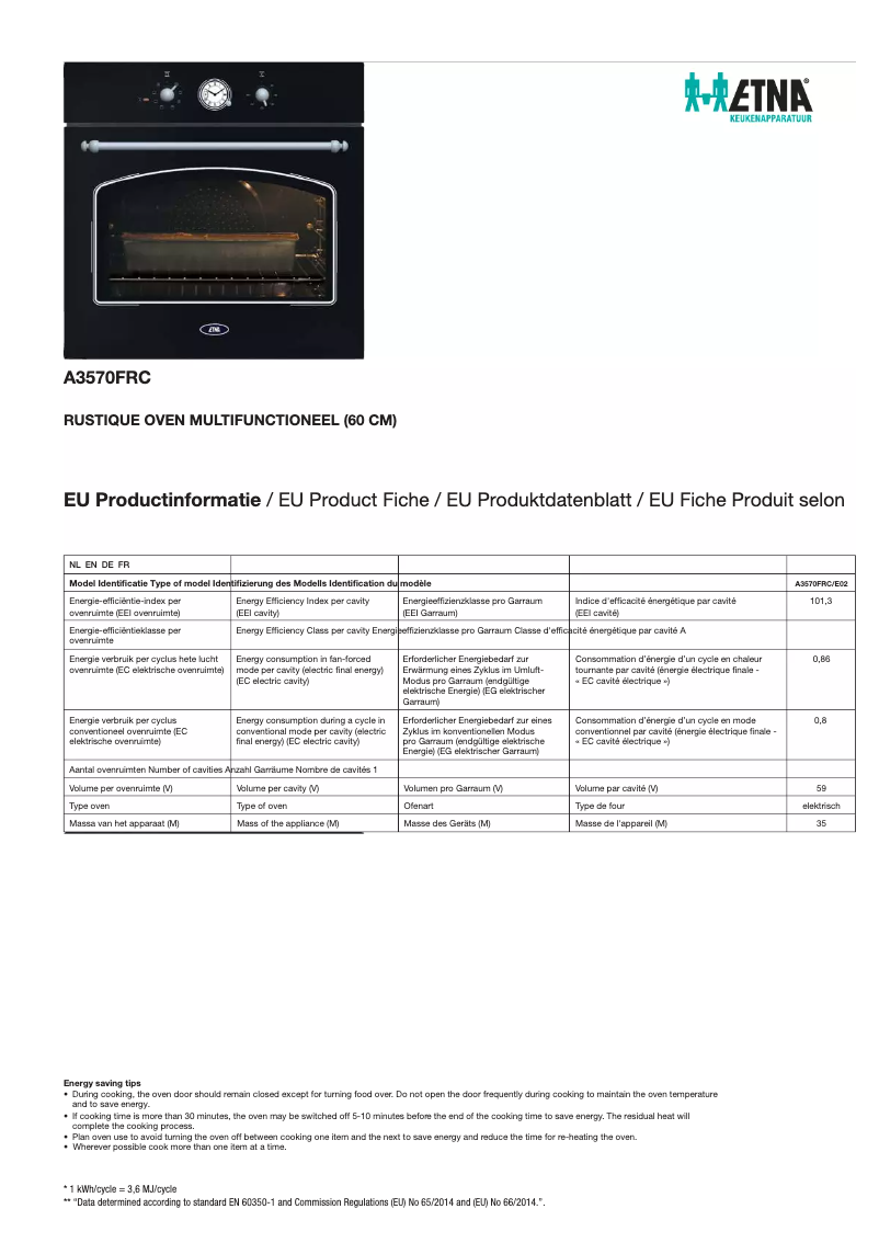 Page 1 de la notice Fiche technique Etna A3570FRC