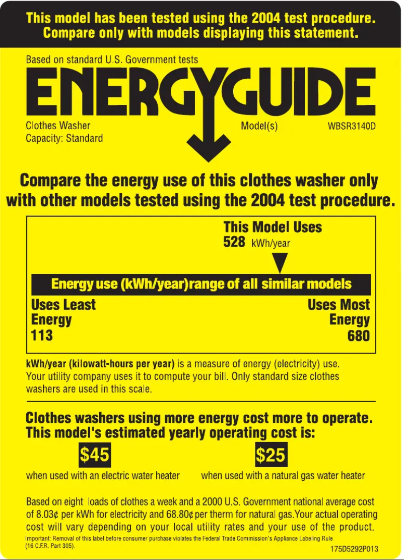 Page 1 de la notice Label énergétique GE WBSR3140DWW