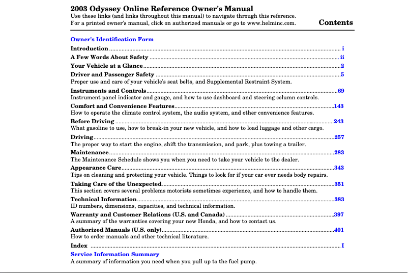 Page 1 de la notice Manuel utilisateur Honda Odyssey (2003)