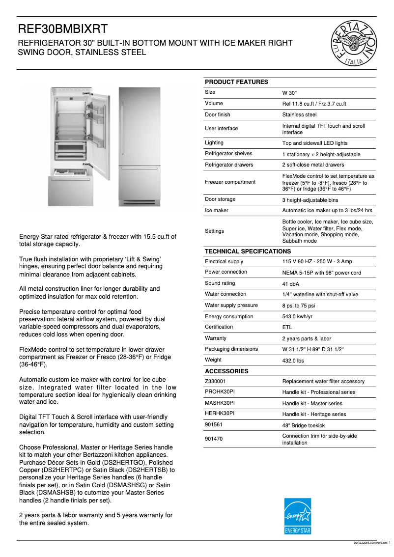 Page 1 de la notice Fiche technique Bertazzoni REF30BMBIXRT