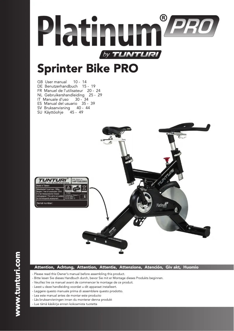 Page 1 de la notice Manuel utilisateur Tunturi Sprinter Bike Platinum Pro