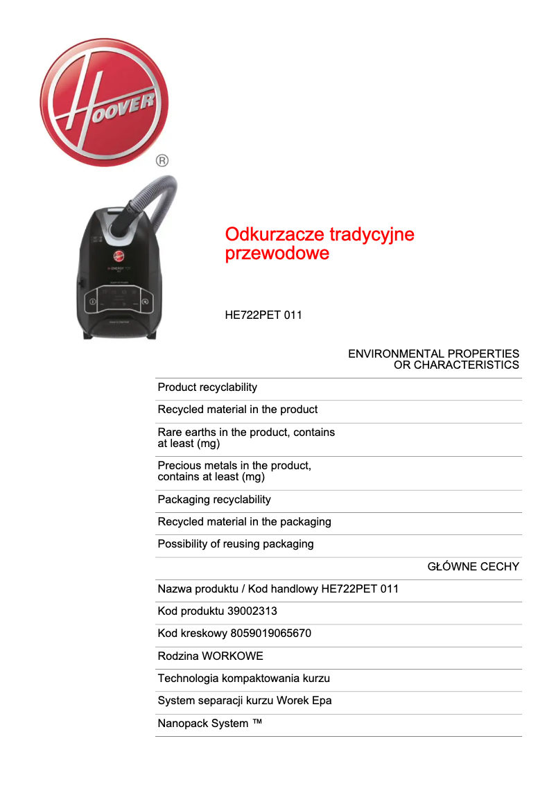 Page 1 of the manual Technical Sheet Hoover HE722PET 011