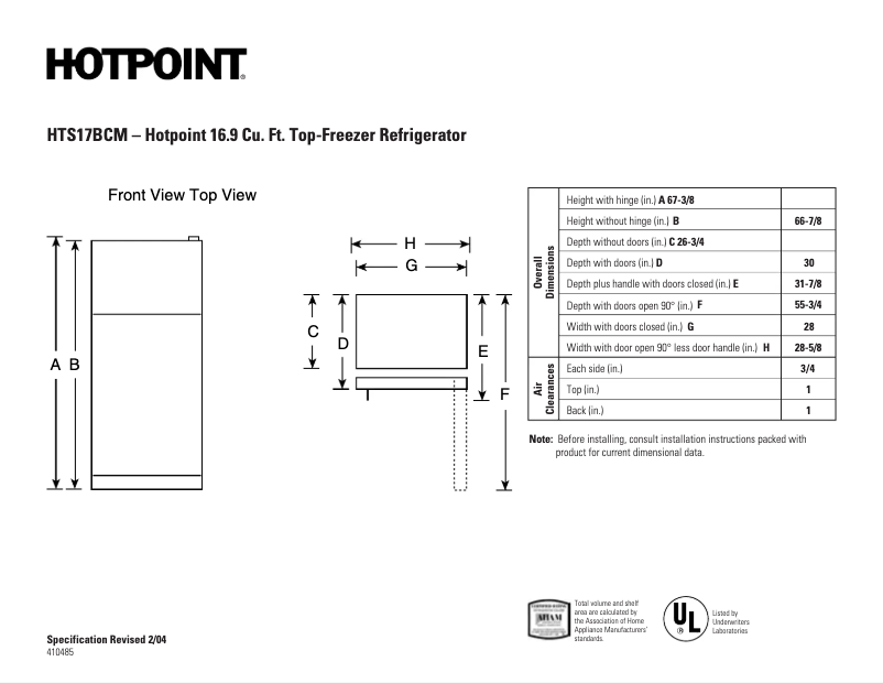 Página 1 del manual Ficha técnica Hotpoint HTS17BCMLWW