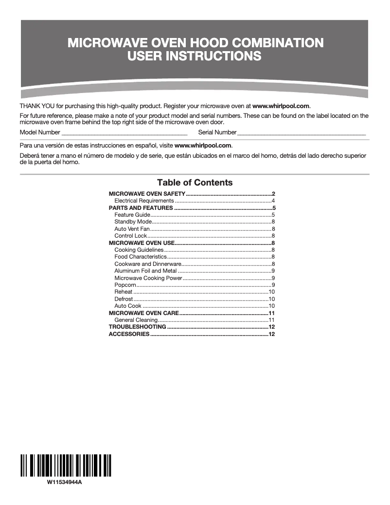 Page 1 de la notice Manuel utilisateur Amana UMV1170LW