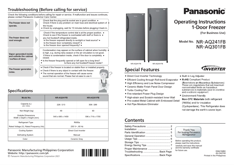 Page 1 de la notice Manuel utilisateur Panasonic NR-AQ301FB