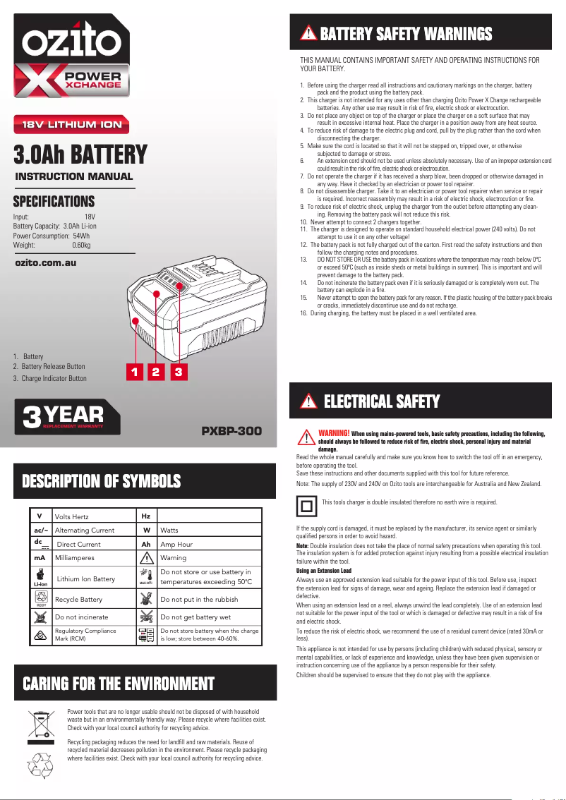 Page 1 de la notice Manuel utilisateur Ozito PXBP-300