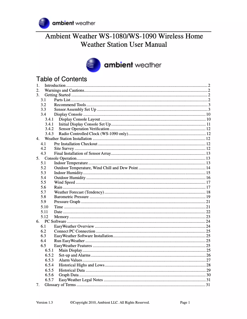 Page 1 de la notice Manuel utilisateur Ambient Weather WS-1080