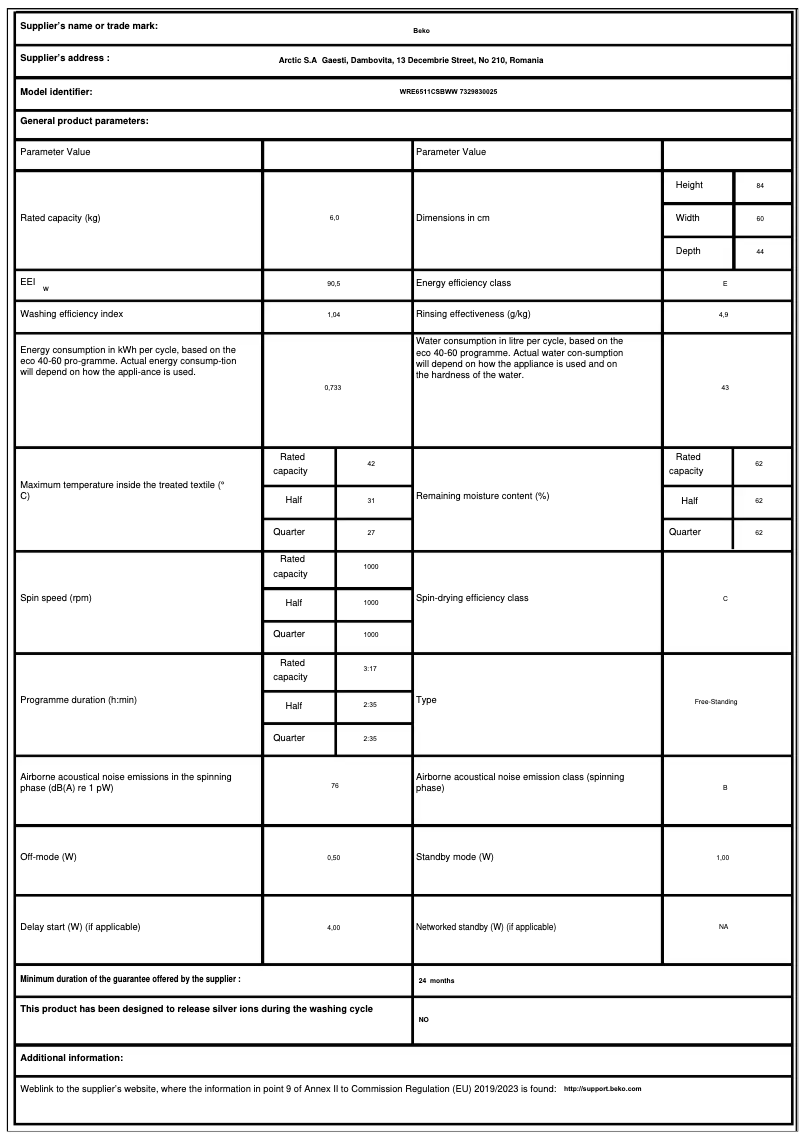 Page 1 de la notice Fiche technique Beko WRE6511CSBWW
