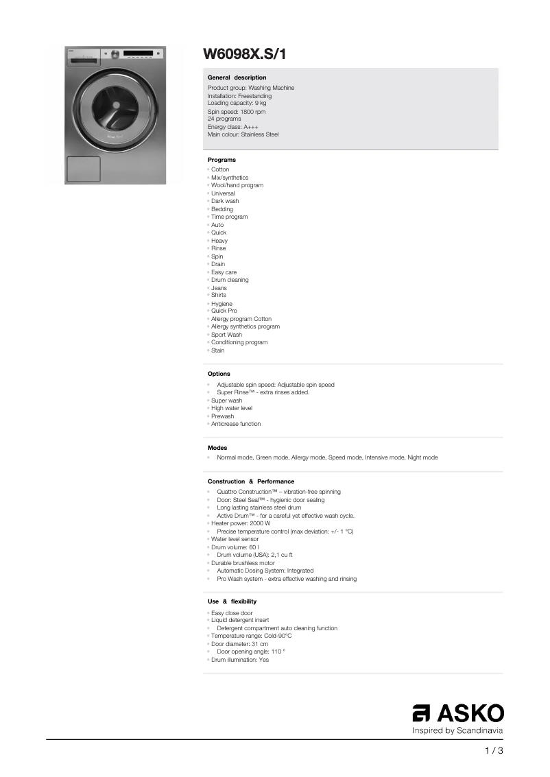 Page 1 de la notice Fiche technique Asko W6098X.S/1