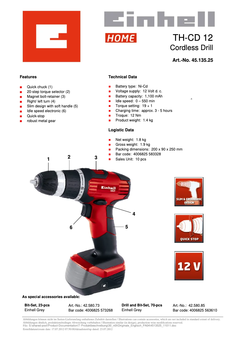 Page 1 de la notice Fiche technique Einhell TH-CD 12