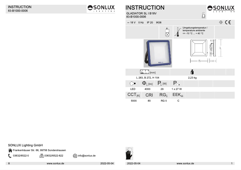 Page 1 de la notice Manuel utilisateur Sonlux Gladiator SL I B18V