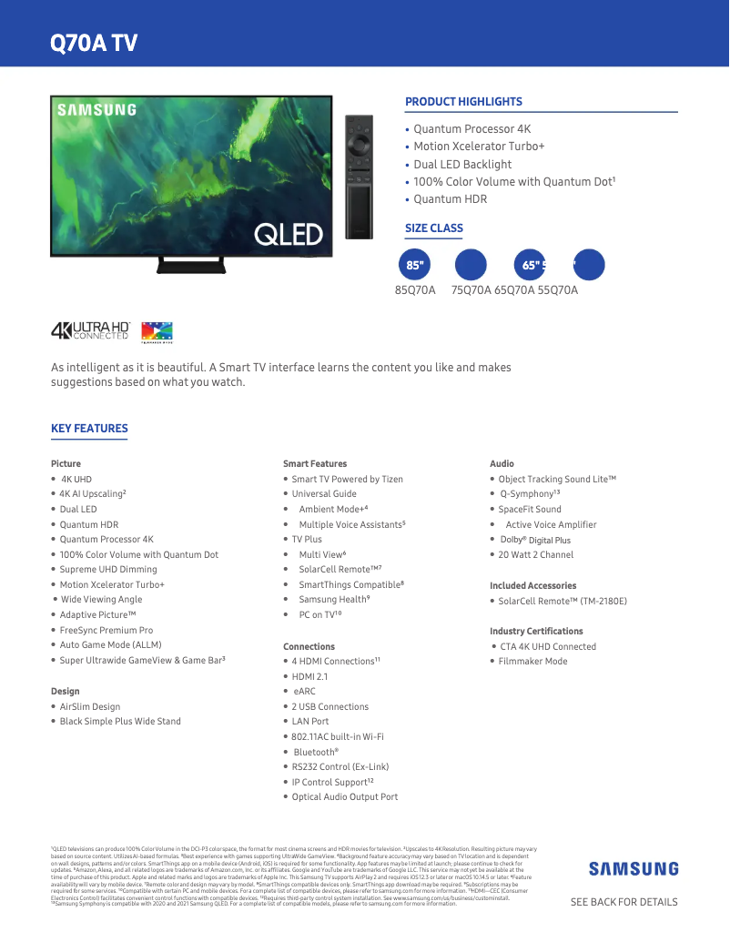 Page 1 de la notice Fiche technique Samsung QN75Q70A