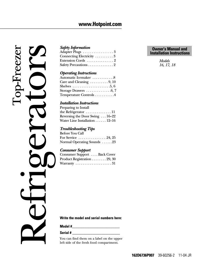 Page 1 of the manual User Manual Hotpoint HTS17GBSWW