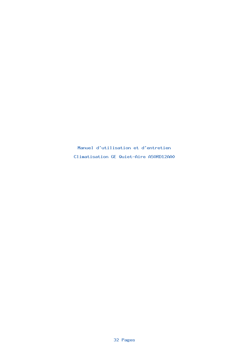 Page 1 de la notice Manuel d'utilisation et d'entretien GE Quiet-Aire AS0RD12AA0
