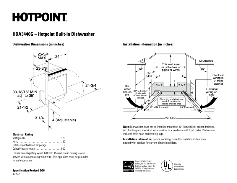 Page 1 de la notice Fiche technique Hotpoint HDA3440GSA