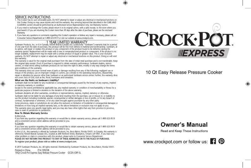 Page 1 de la notice Manuel utilisateur Crock-Pot Express SCCPPC100-V1