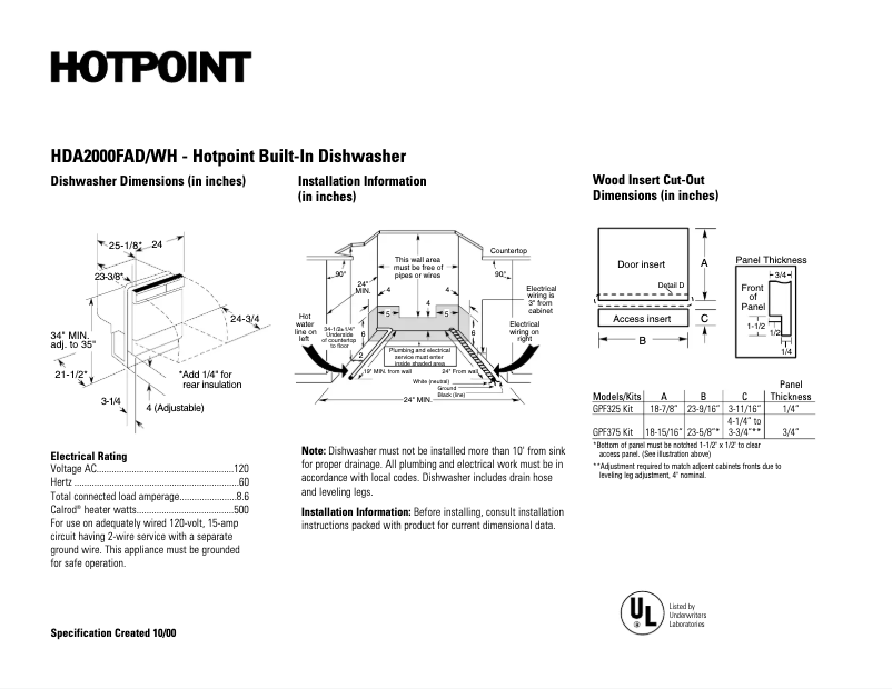 Page 1 de la notice Fiche technique Hotpoint HDA2000FAD