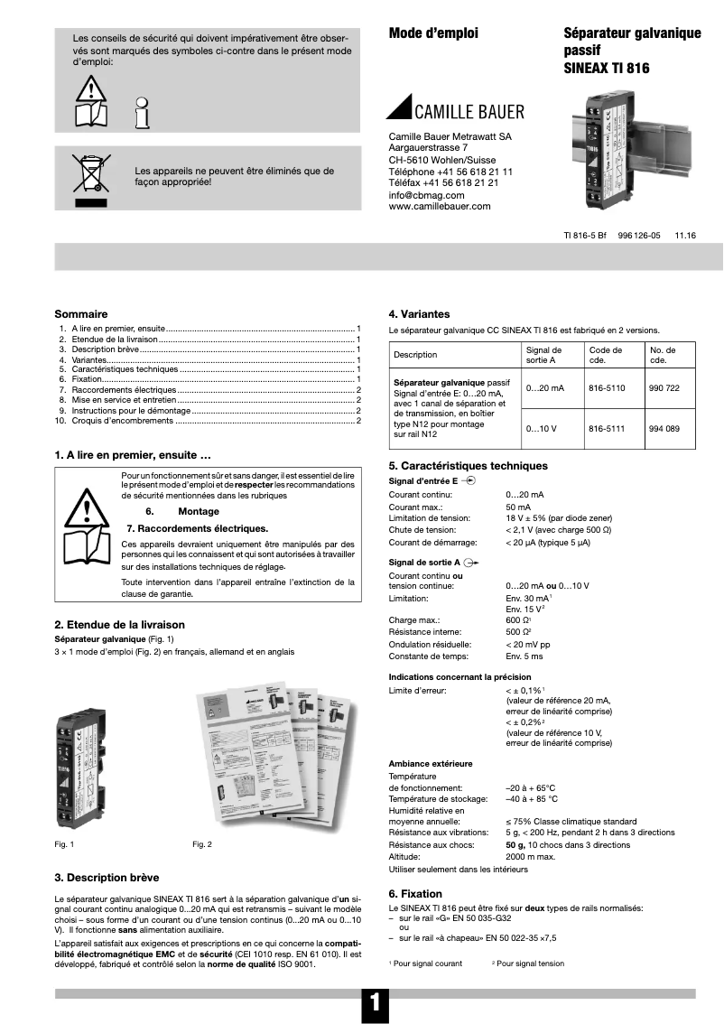 Page 1 de la notice Manuel utilisateur Camille Bauer Sineax TI816