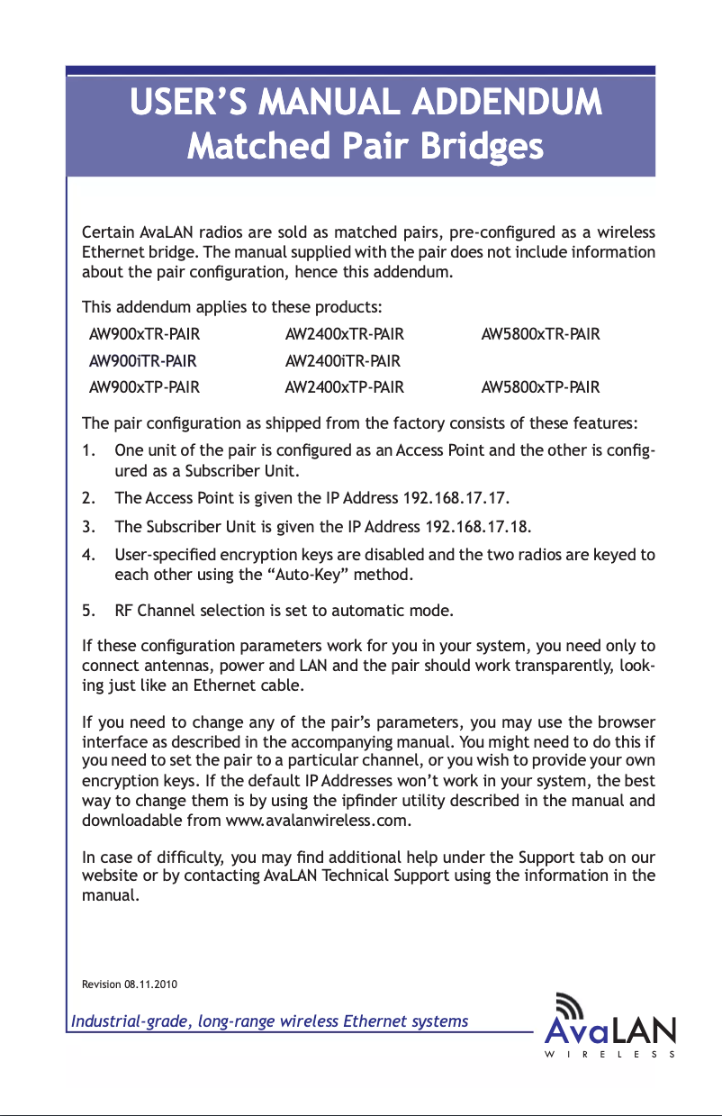 Page 1 de la notice Manuel utilisateur AvaLAN AW900ITR-Pair