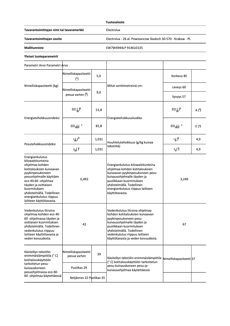 Page 1 de la notice Fiche technique Electrolux EW7W4944LP