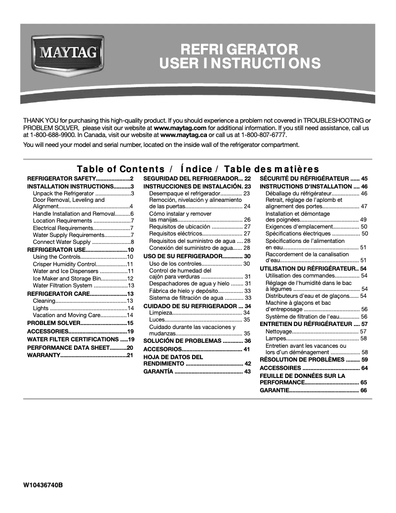 Page 1 de la notice Manuel d'utilisation et d'entretien Maytag MSF22D4XAM