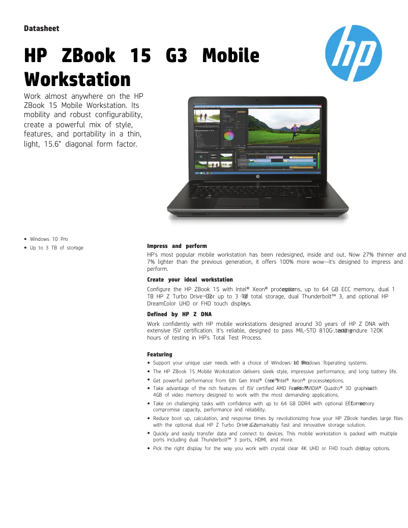Page 1 de la notice Fiche technique HP ZBook 15 G3