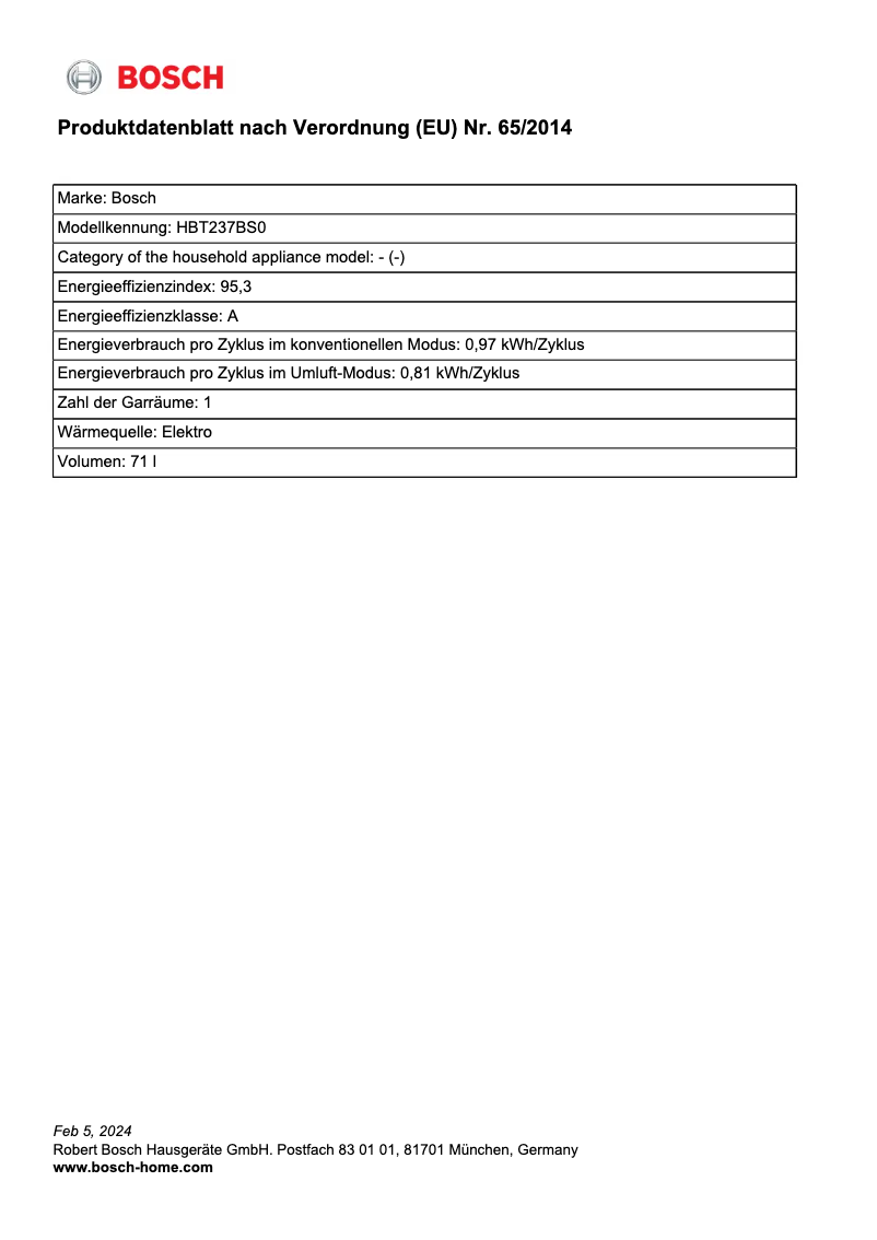 Page 1 of the manual Technical Sheet Bosch HBT237BS0
