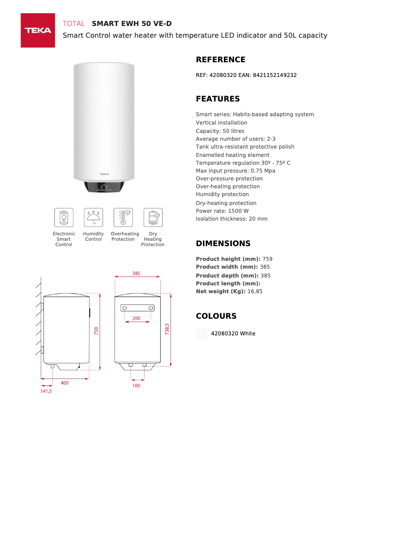 Page 1 de la notice Fiche technique Teka EWH 50 VE-D