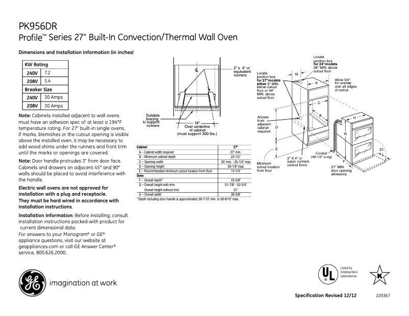 Page n°1 - Fiche technique GE PK956DRCC