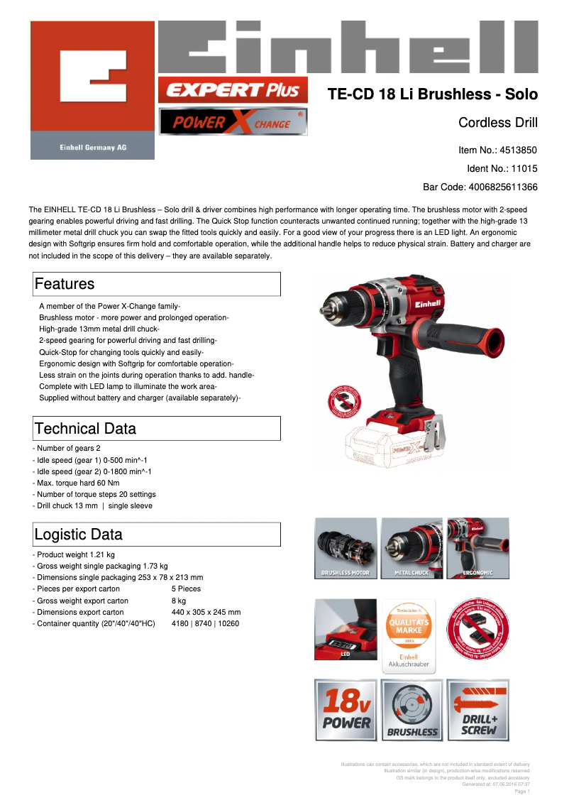 Page 1 de la notice Fiche technique Einhell TE-CD 18 Li