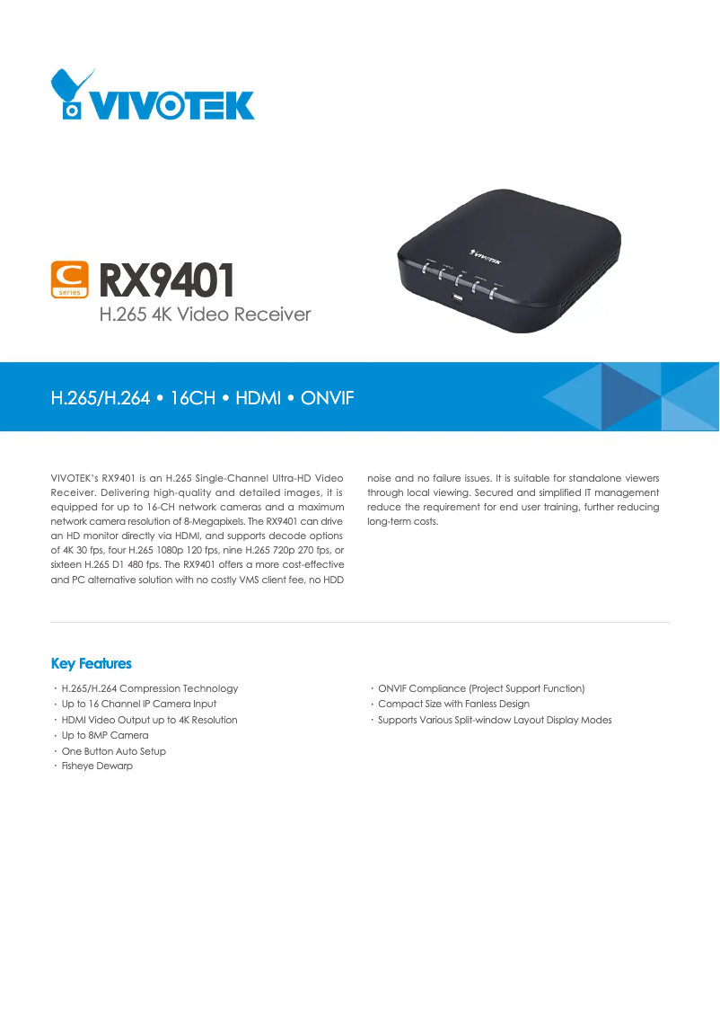 Page 1 de la notice Fiche technique Vivotek RX9401