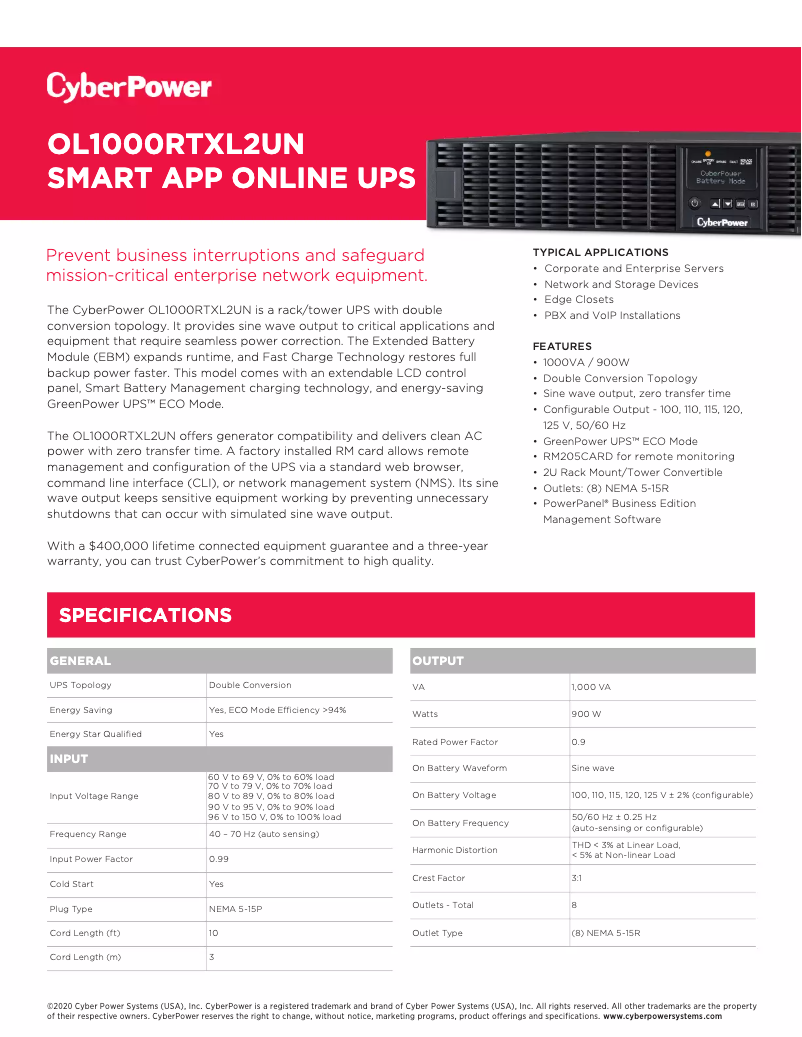 Página 1 del manual Ficha técnica CyberPower OL1000RTXL2UN