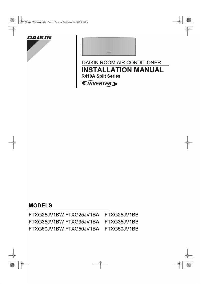 Page 1 de la notice Guide d'installation Daikin FTXG50JV1BB