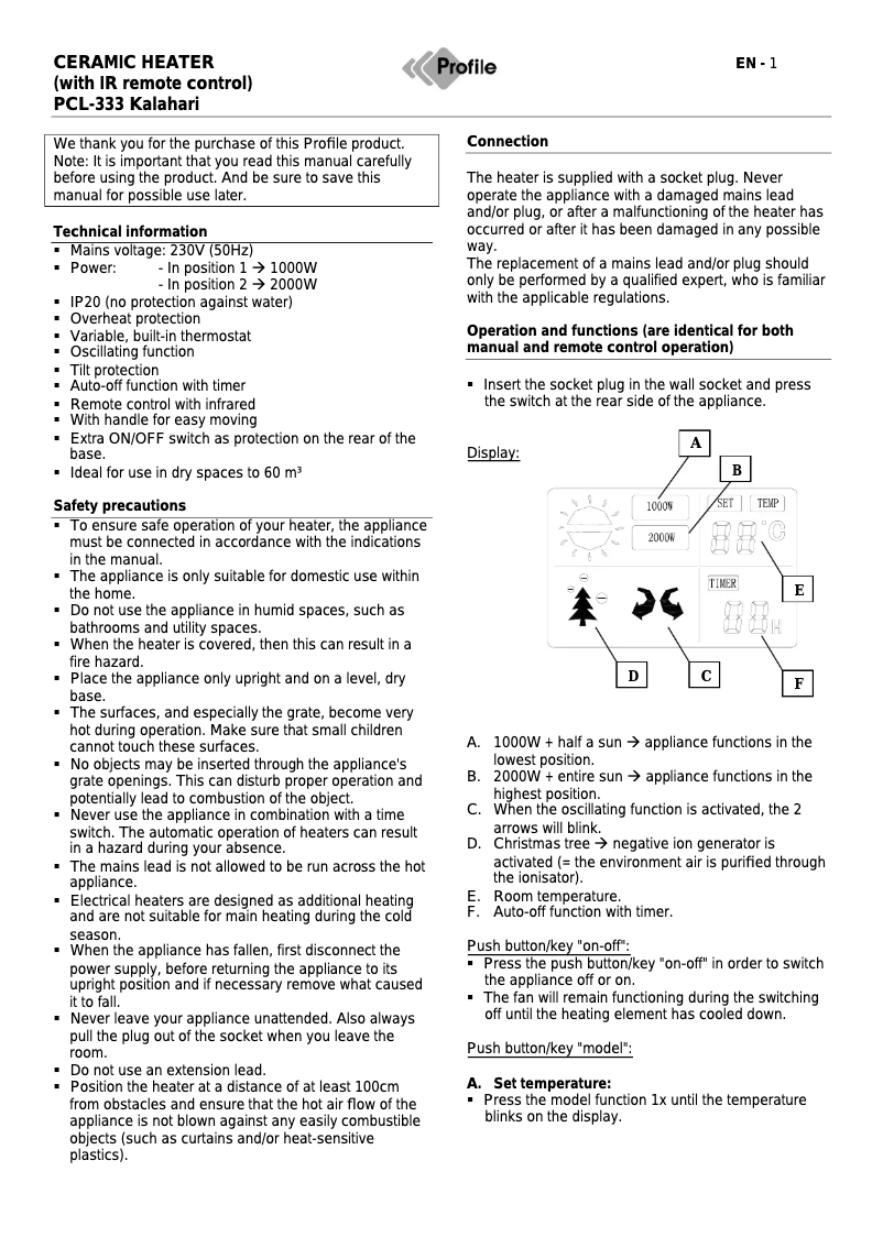 Page 1 de la notice Manuel utilisateur Profile PCL-333 Kalahari