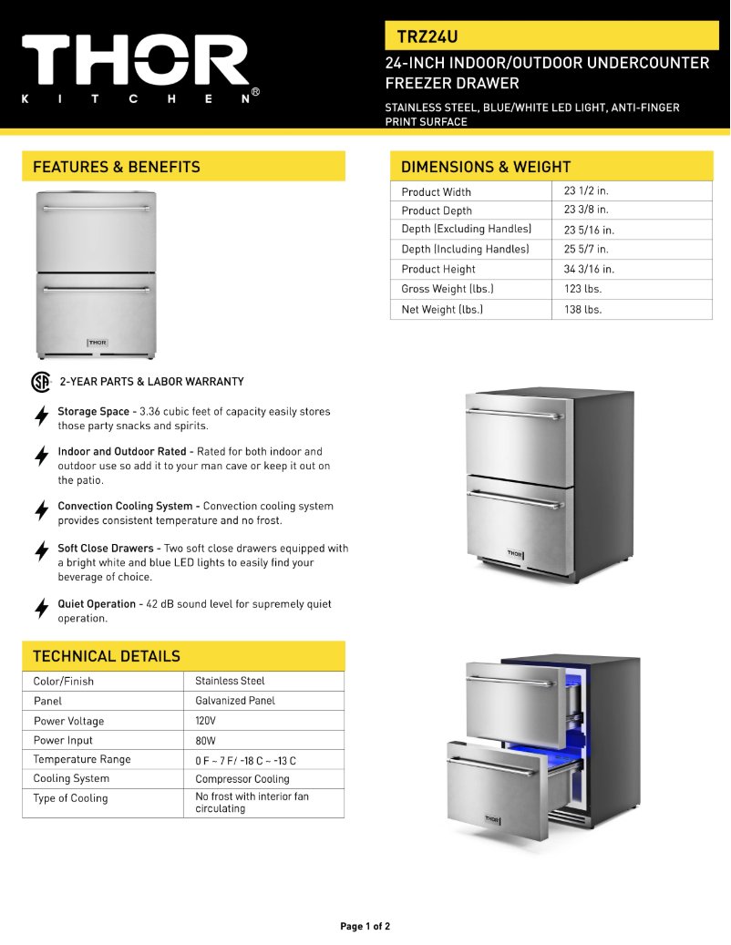 Page 1 de la notice Fiche technique Thor TRZ24U