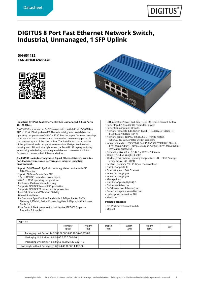 Page 1 de la notice Fiche technique Digitus DN-651132