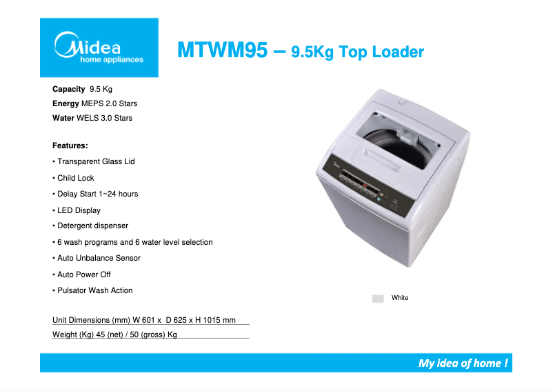 Page 1 de la notice Fiche technique Midea MTWM95