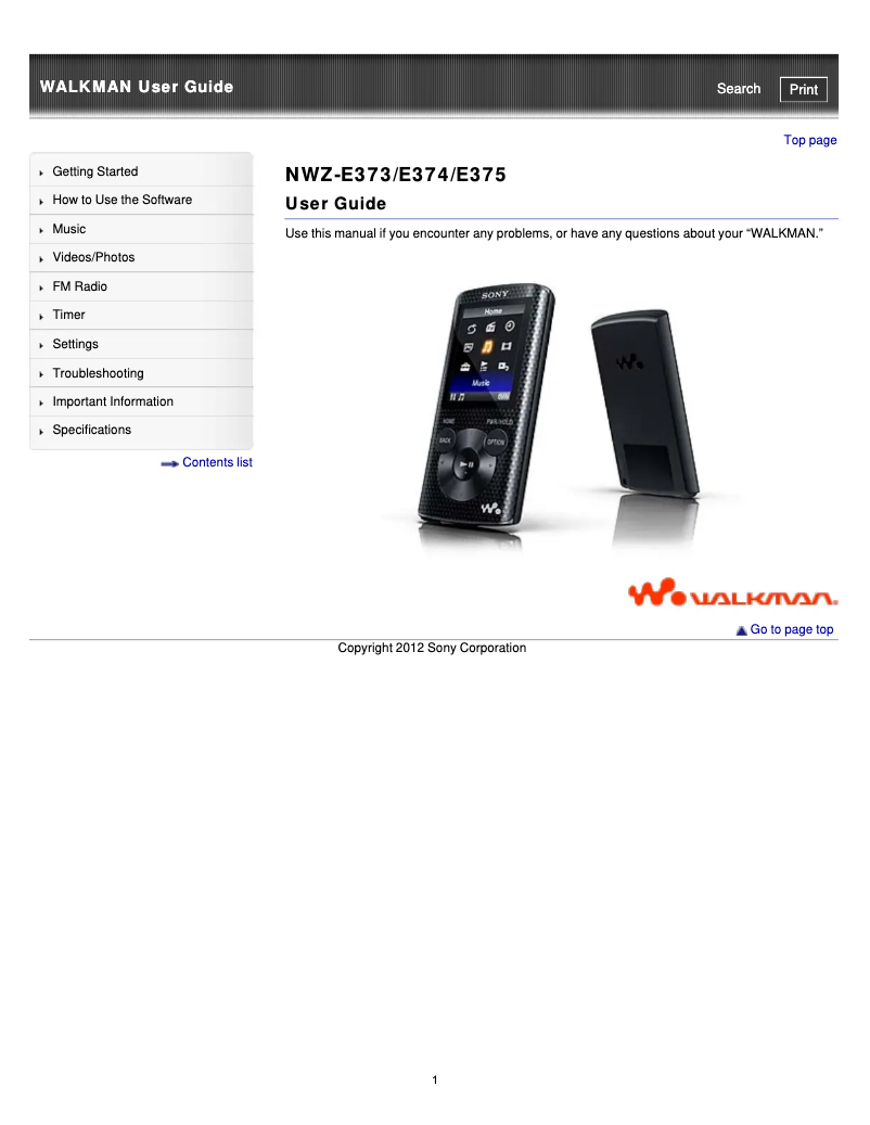 Page 1 de la notice Manuel utilisateur Sony Walkman NWZ-E374